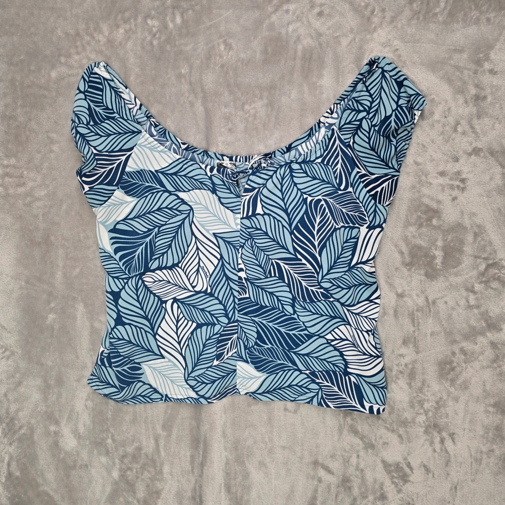 Manuhealii Blouse Women Large Blue White Leaf Print Cap Sleeve Scoop Neck Hawaii
